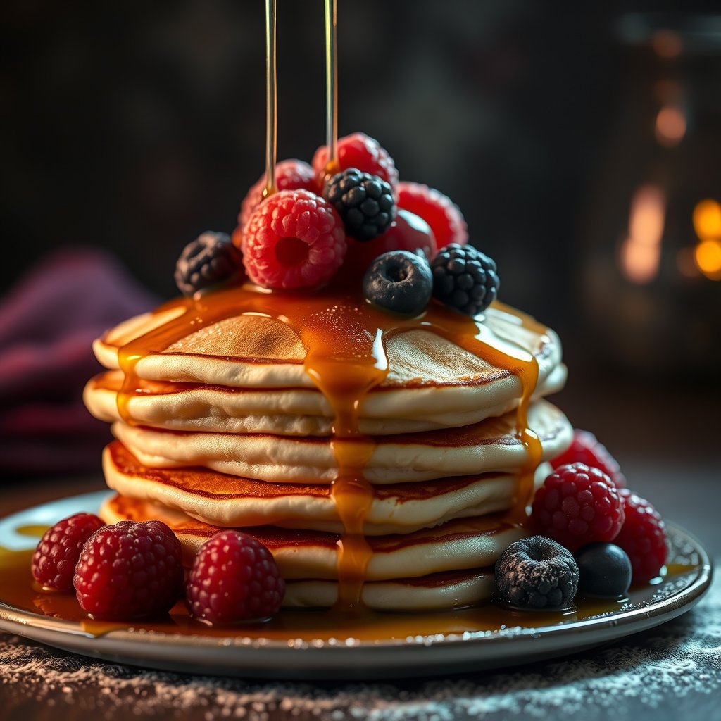 a stack of fluffy pancakes with maple syrup and berries, cinematic lighting, vibrant colors, dramatic atmosphere