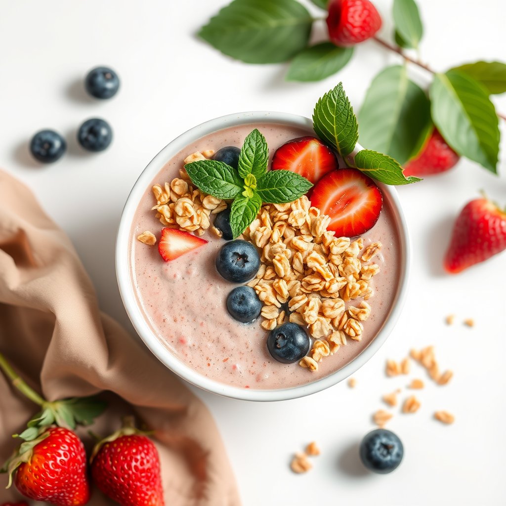 a refreshing smoothie bowl topped with fruits and granola, minimalist composition, clean background, elegant