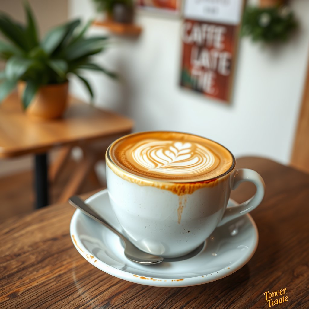 an artisan coffee cup with latte art on a cafe table, ultra realistic, crisp details, studio quality