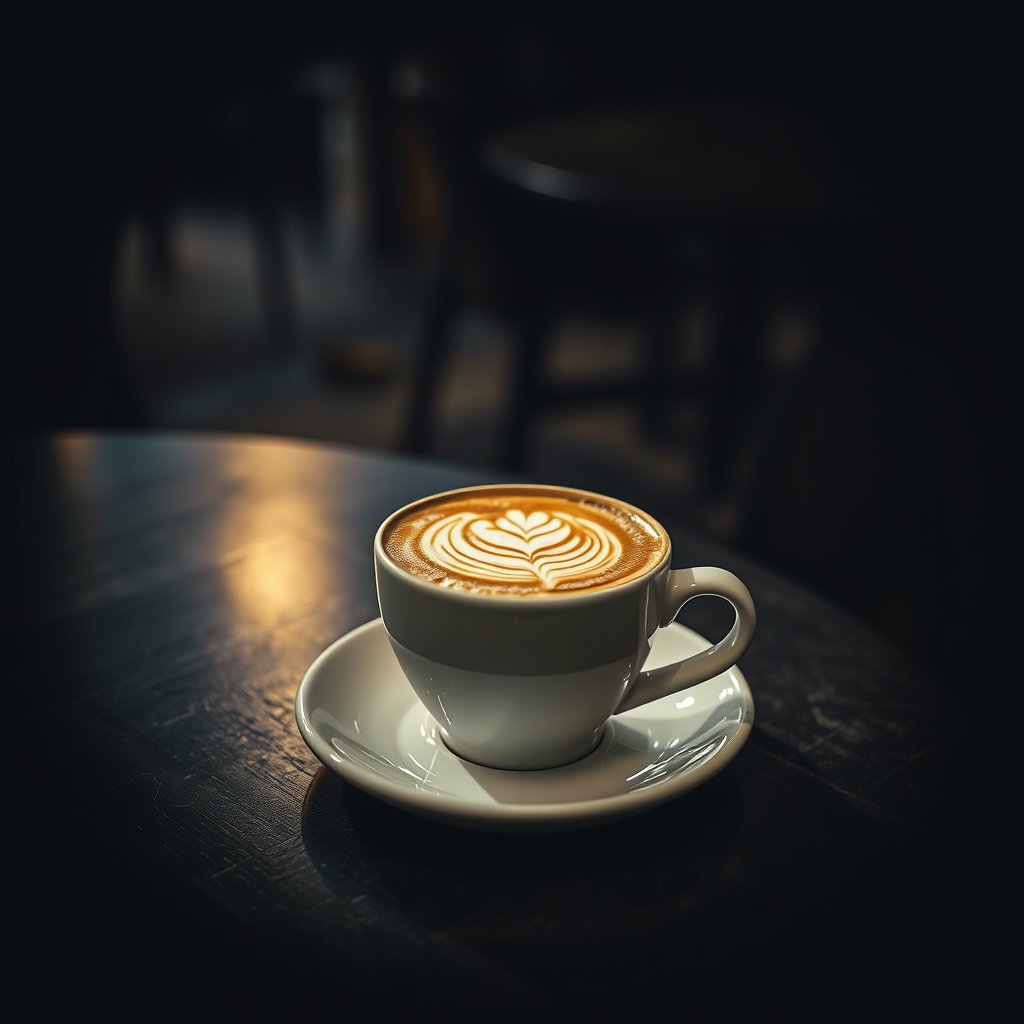 an artisan coffee cup with latte art on a cafe table, moody lighting, high contrast, fine art photography