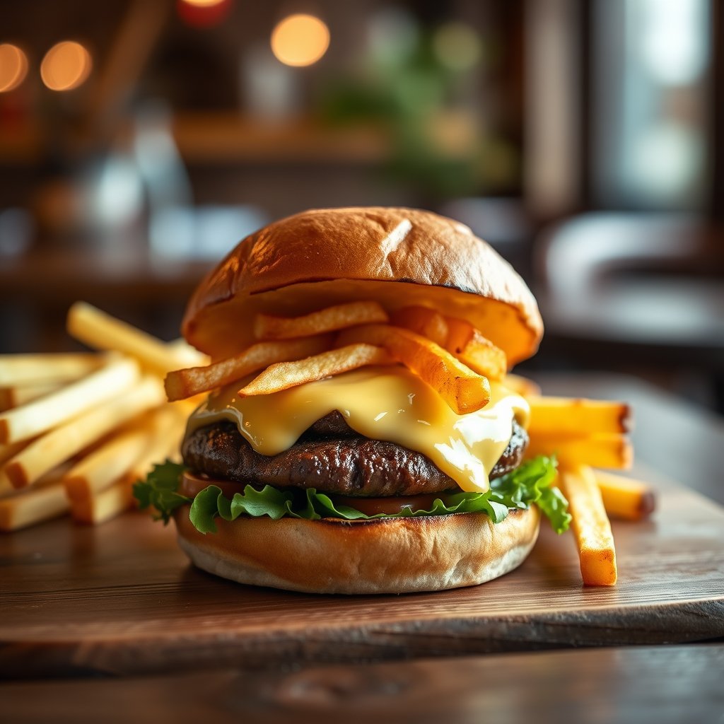a gourmet burger with melted cheese and fries on a wooden table, soft natural light, shallow depth of field, bokeh