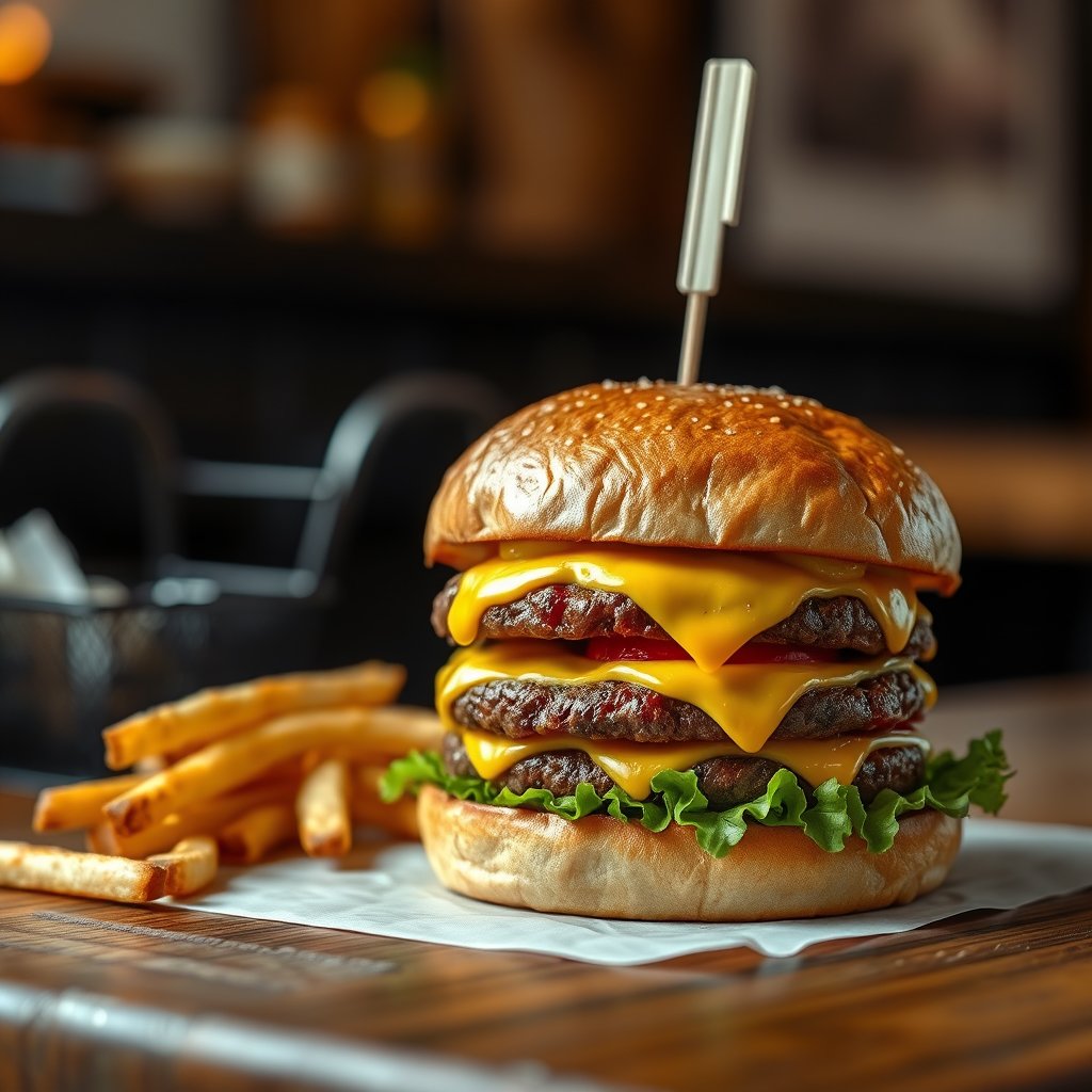 a gourmet burger with melted cheese and fries on a wooden table, ultra realistic, crisp details, studio quality