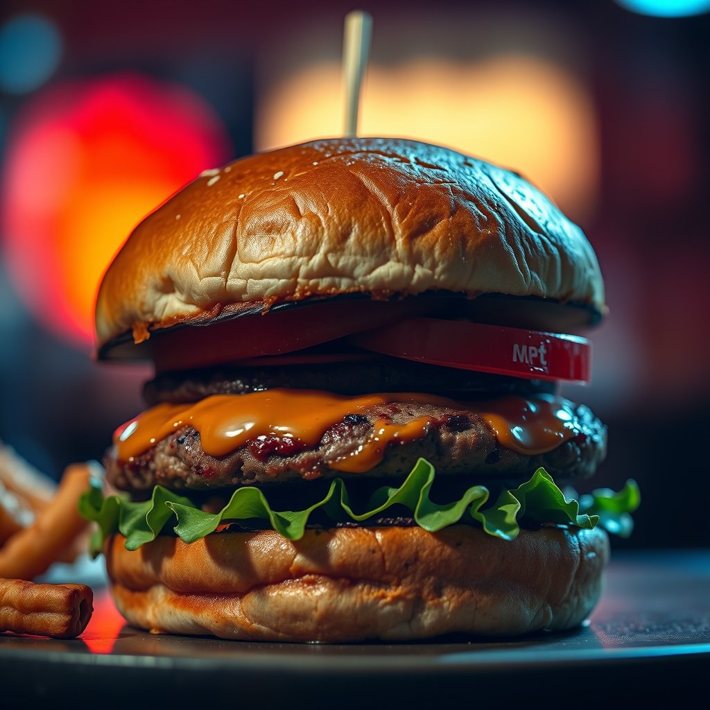 food burger sandwich meat patty, cinematic lighting, vibrant colors, dramatic atmosphere