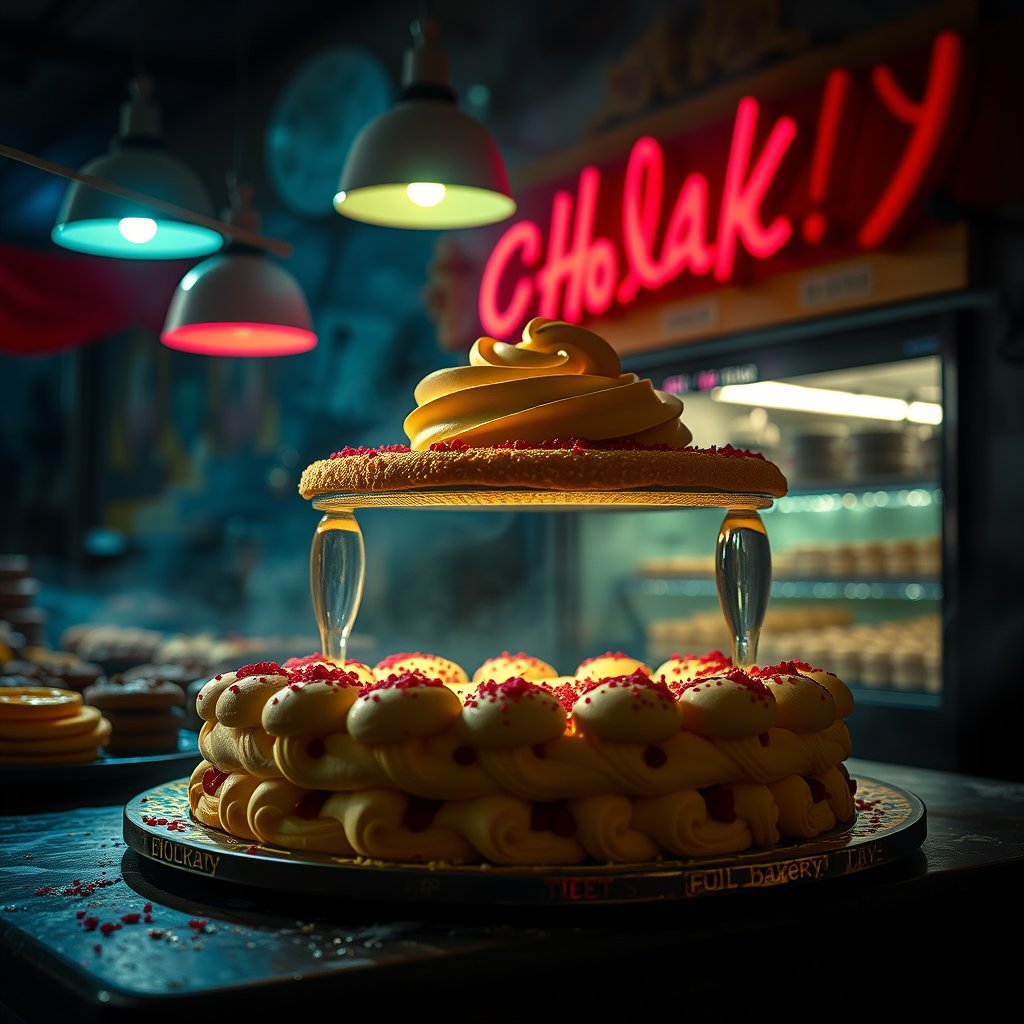 cholate full cake and bakery, cinematic lighting, vibrant colors, dramatic atmosphere