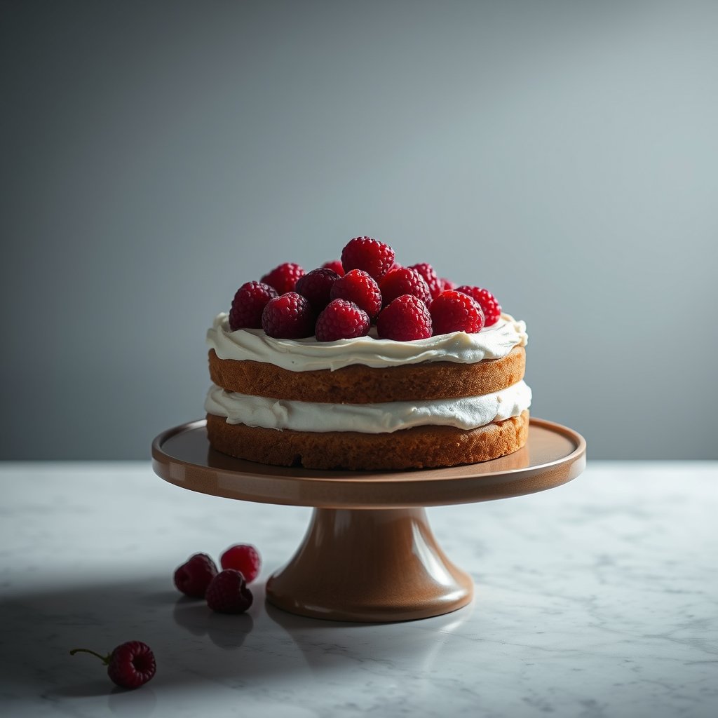 starberry cake on a table on a stand. cute plain bg, moody lighting, high contrast, fine art photography