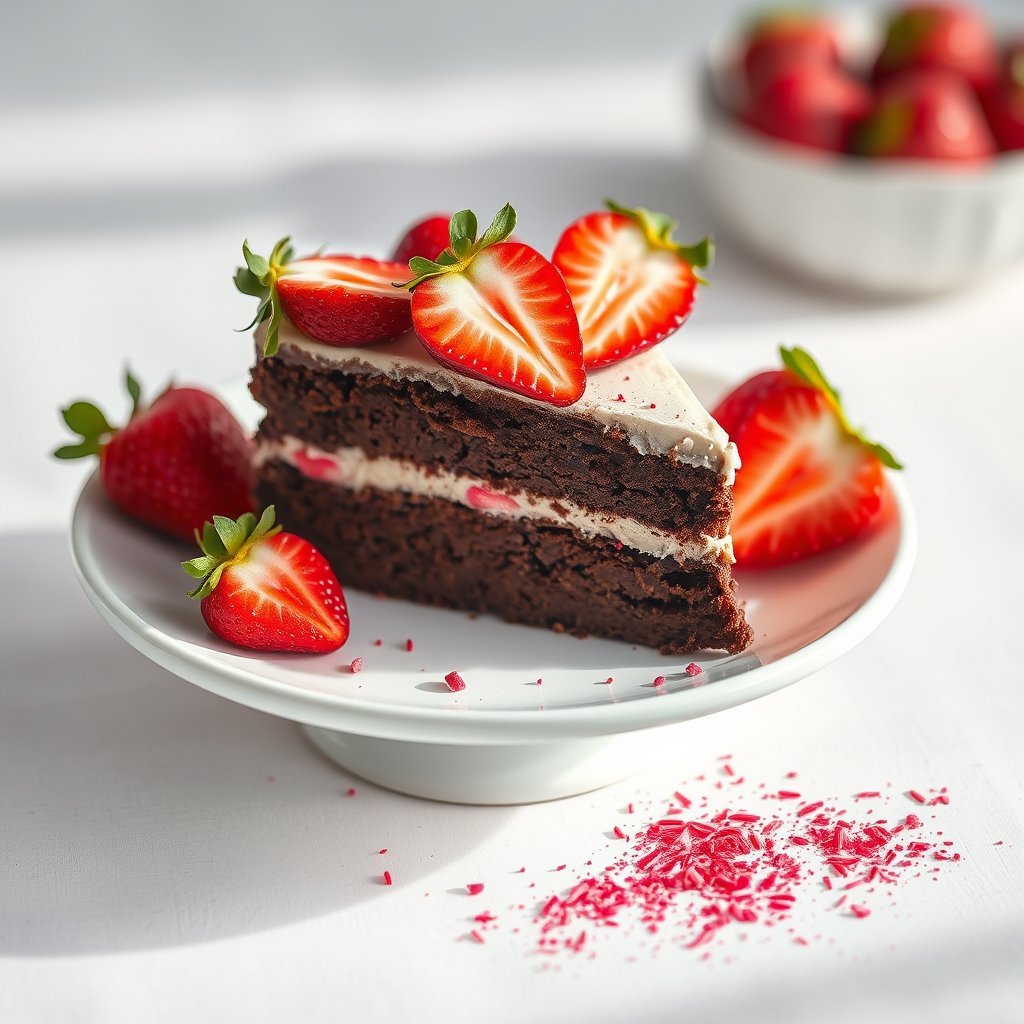 a slice of chocolate cake with strawberries, bright and airy, pastel tones, dreamy aesthetic