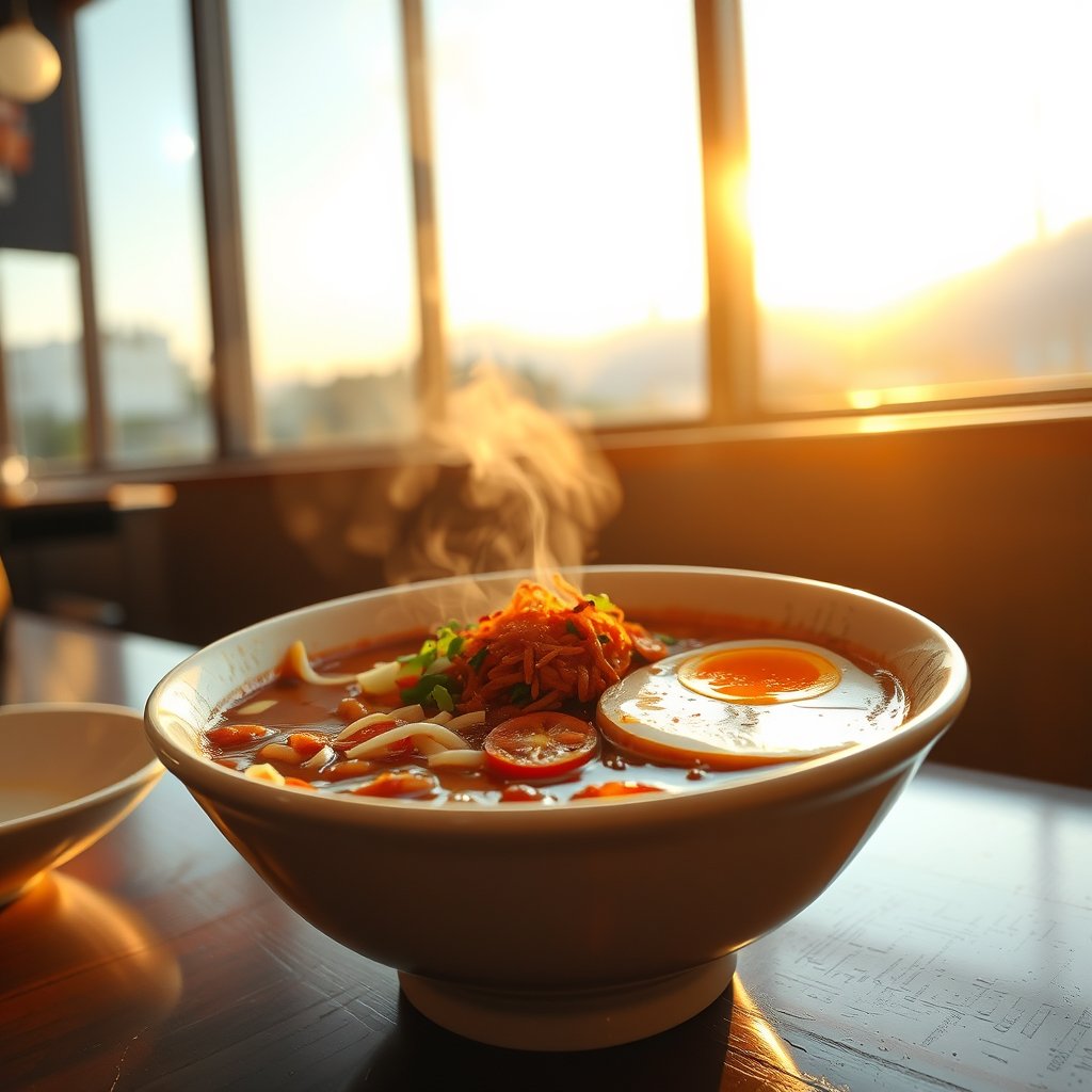 a bowl of ramen with egg, noodles and vegetables, golden hour lighting, warm tones, atmospheric