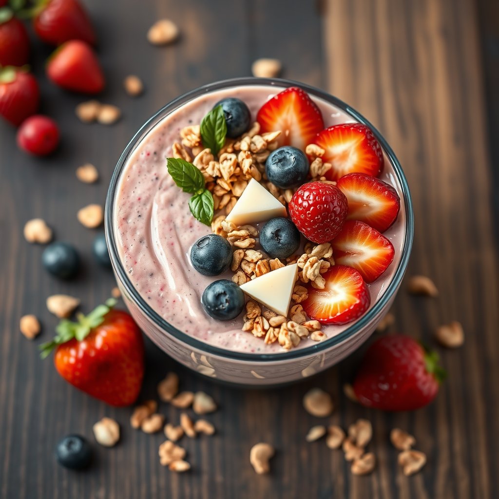 a refreshing smoothie bowl topped with fruits and granola, ultra realistic, crisp details, studio quality