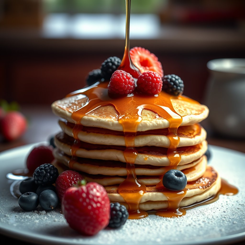 a stack of fluffy pancakes with maple syrup and berries, cinematic lighting, vibrant colors, dramatic atmosphere