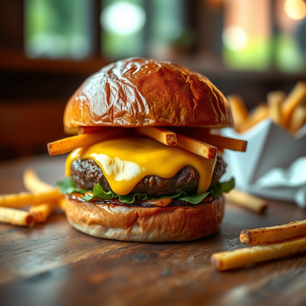 a gourmet burger with melted cheese and fries on a wooden table, soft natural light, shallow depth of field, bokeh