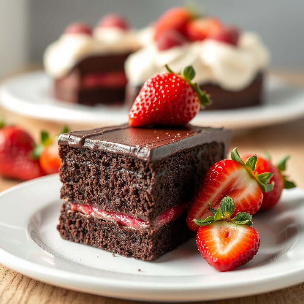 a slice of chocolate cake with strawberries, highly detailed, 8k, professional photography, sharp focus