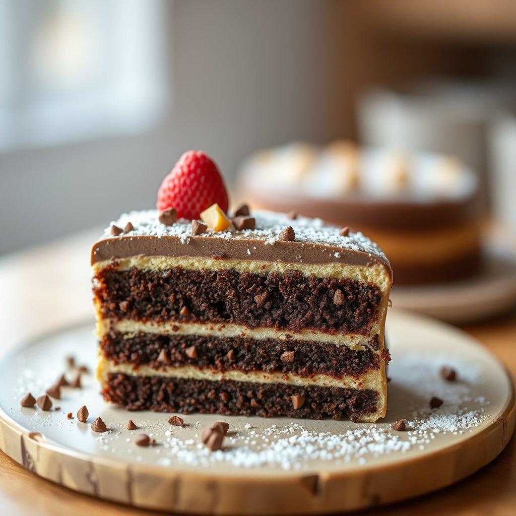 cholate cake and bakery, soft natural light, shallow depth of field, bokeh