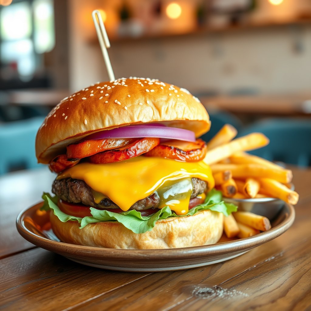 a gourmet burger with melted cheese and fries on a wooden table, bright and airy, pastel tones, dreamy aesthetic