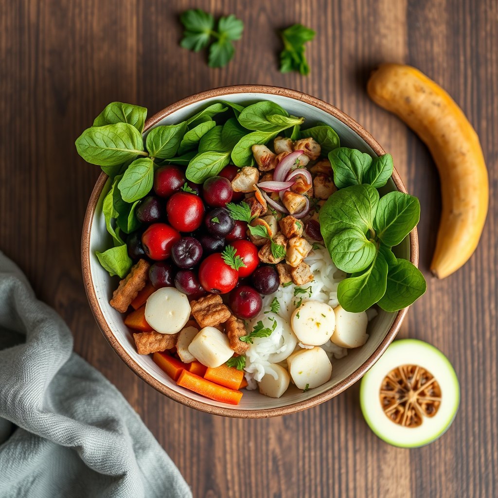 healthy meal prep bowl, nutrition, top view, highly detailed, 8k, professional photography, sharp focus
