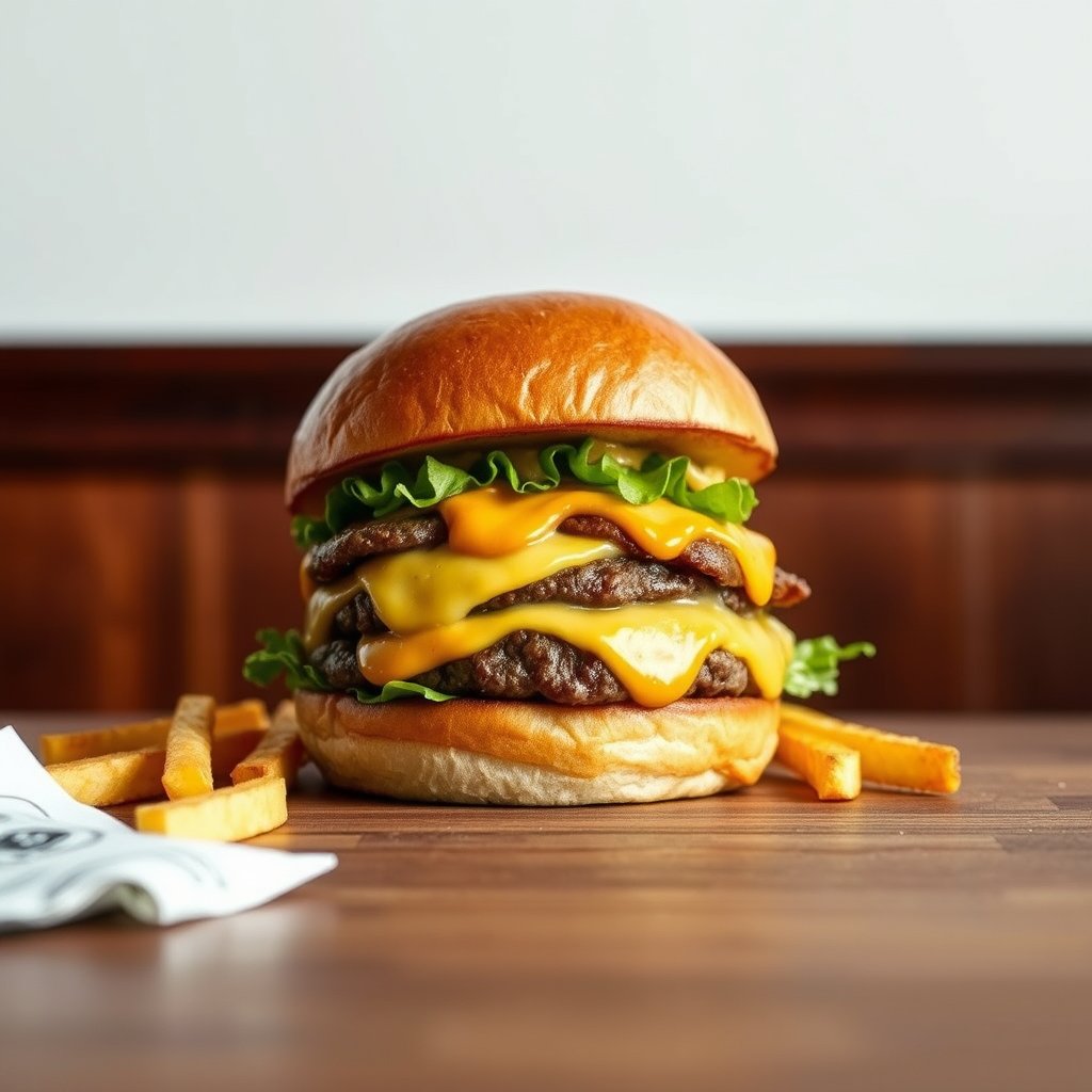 a gourmet burger with melted cheese and fries on a wooden table, minimalist composition, clean background, elegant