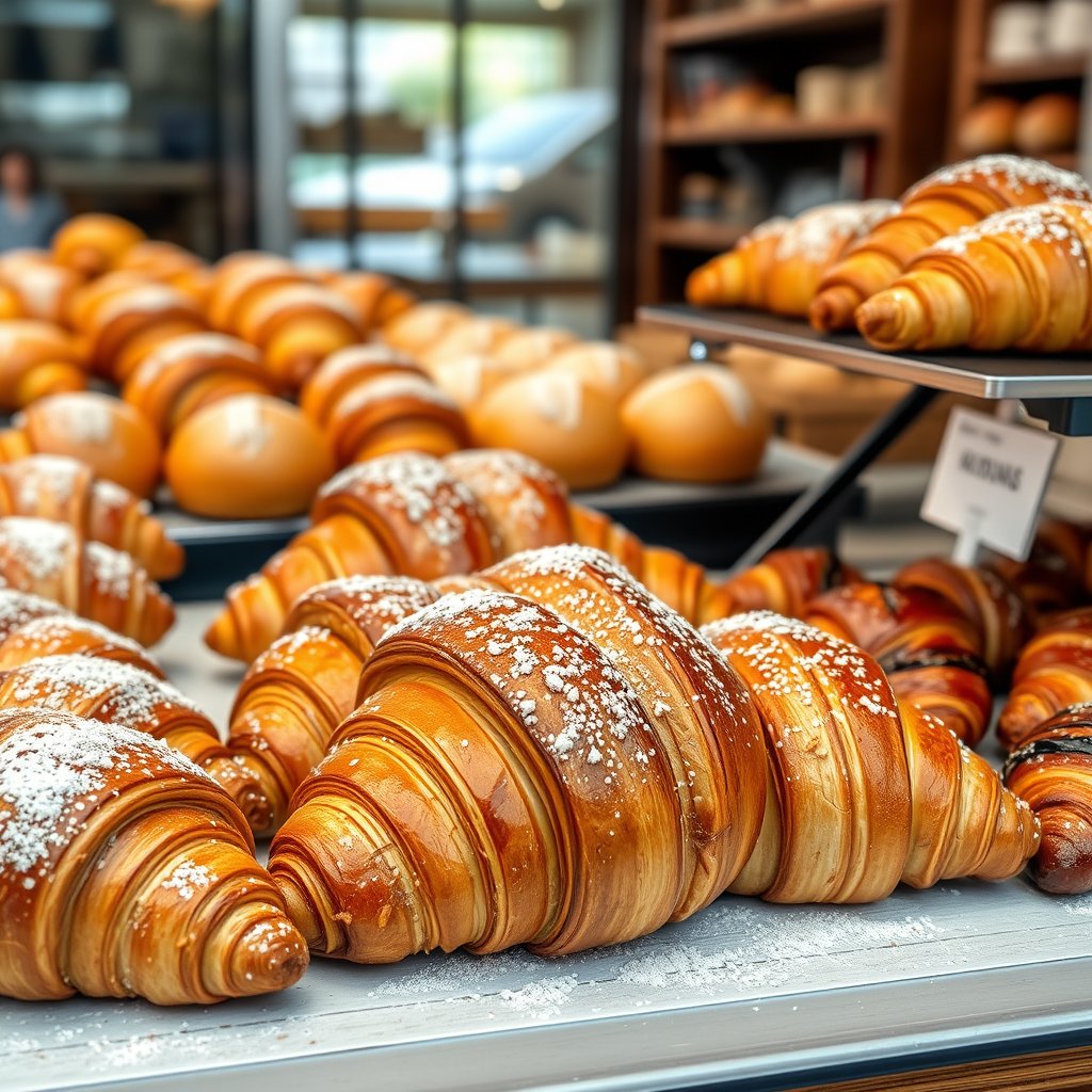 fresh croissants and pastries in a bakery display, highly detailed, 8k, professional photography, sharp focus
