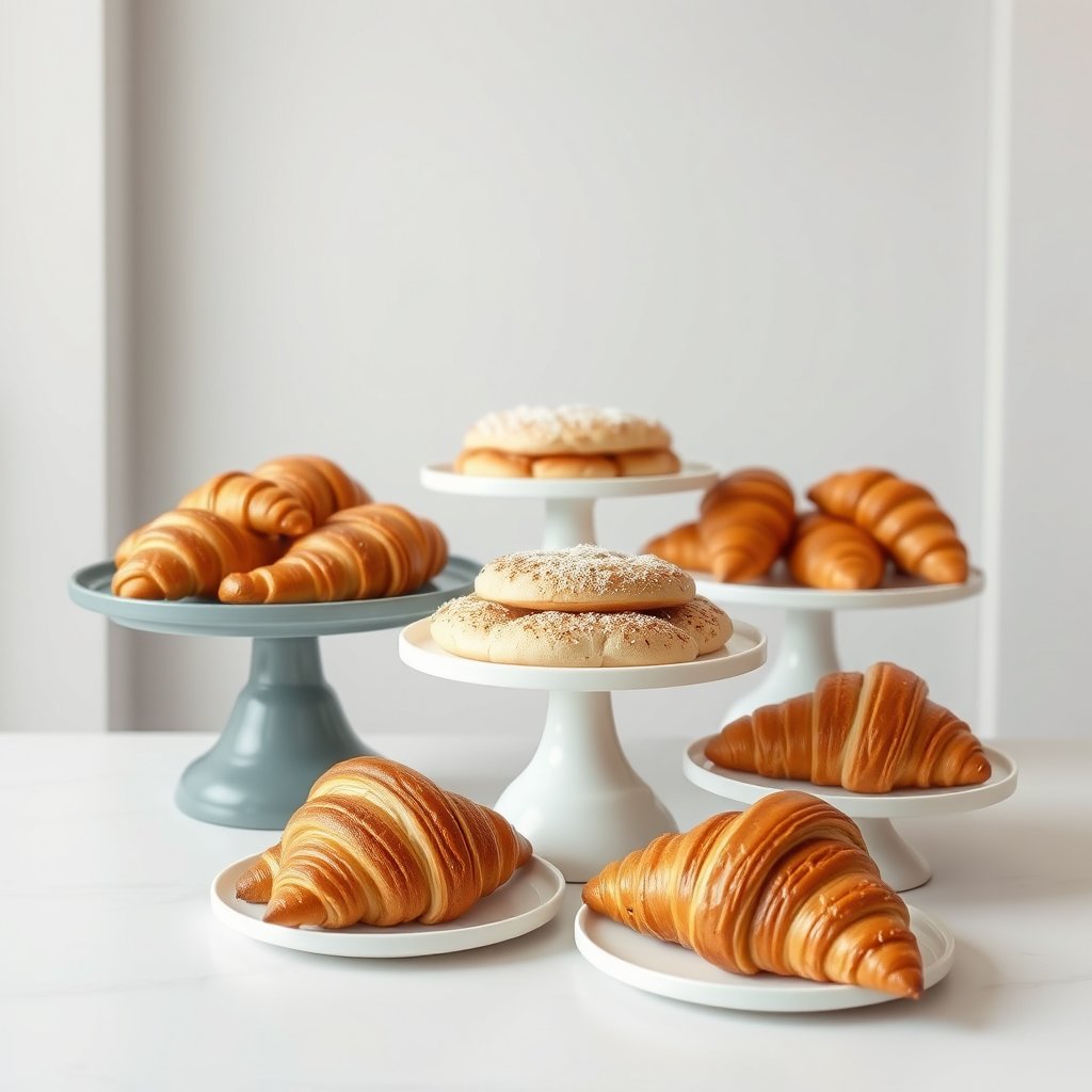 fresh croissants and pastries in a bakery display, minimalist composition, clean background, elegant