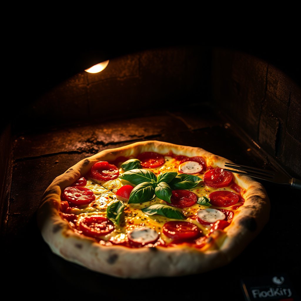a rustic pizza fresh out of the oven with basil, moody lighting, high contrast, fine art photography