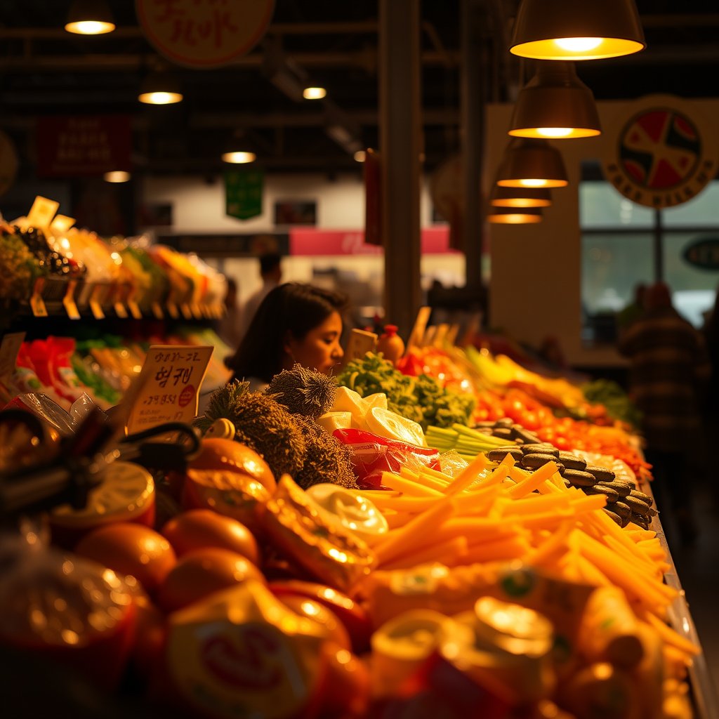 food grocery item product fresh, golden hour lighting, warm tones, atmospheric