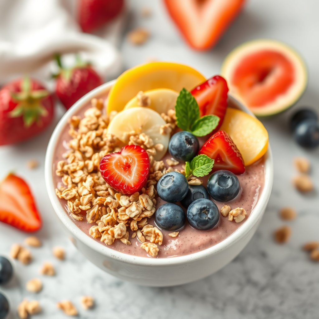 a refreshing smoothie bowl topped with fruits and granola, ultra realistic, crisp details, studio quality