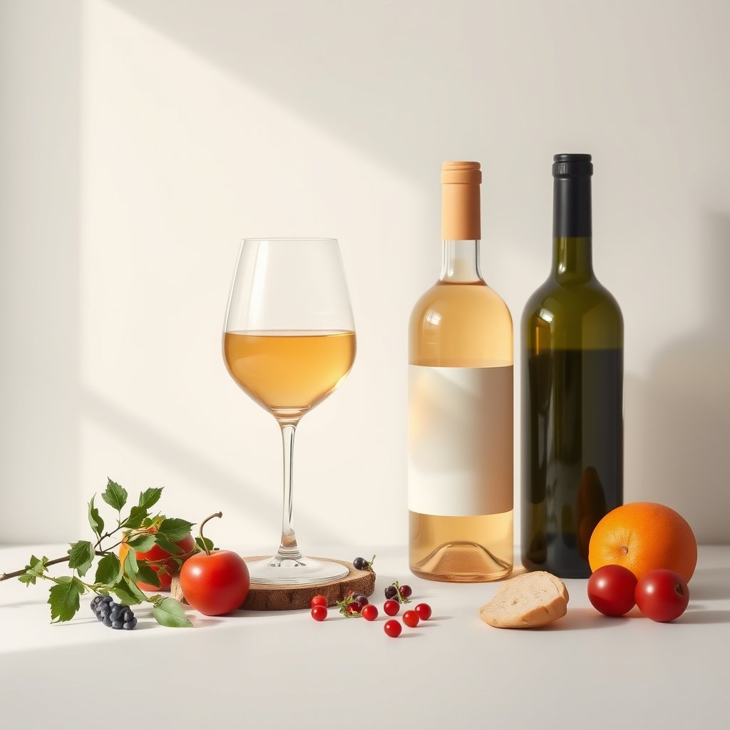 food wine drink bottle glass, minimalist composition, clean background, elegant