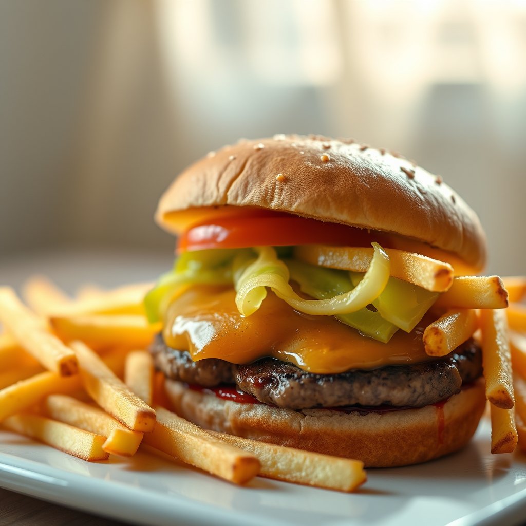 juicy burger with fries, food photography, warm light — Чизбургер «Гриль», bright and airy, pastel tones, dreamy aesthetic