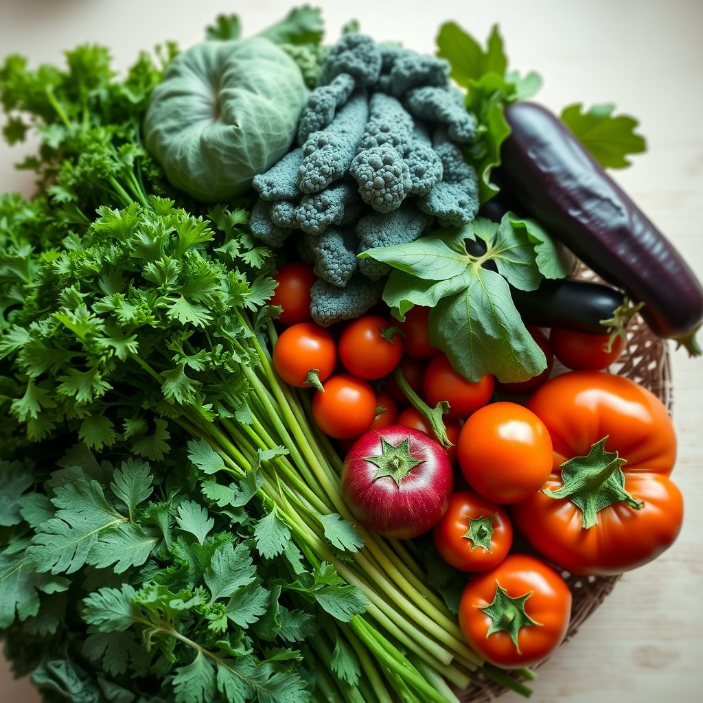 fresh groceries, vegetables and greens, top view, light background — Молочная «Деревня», soft natural light, shallow depth of field, bokeh