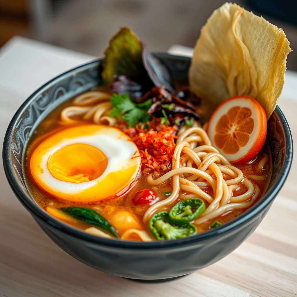 a bowl of ramen with egg, noodles and vegetables, highly detailed, 8k, professional photography, sharp focus