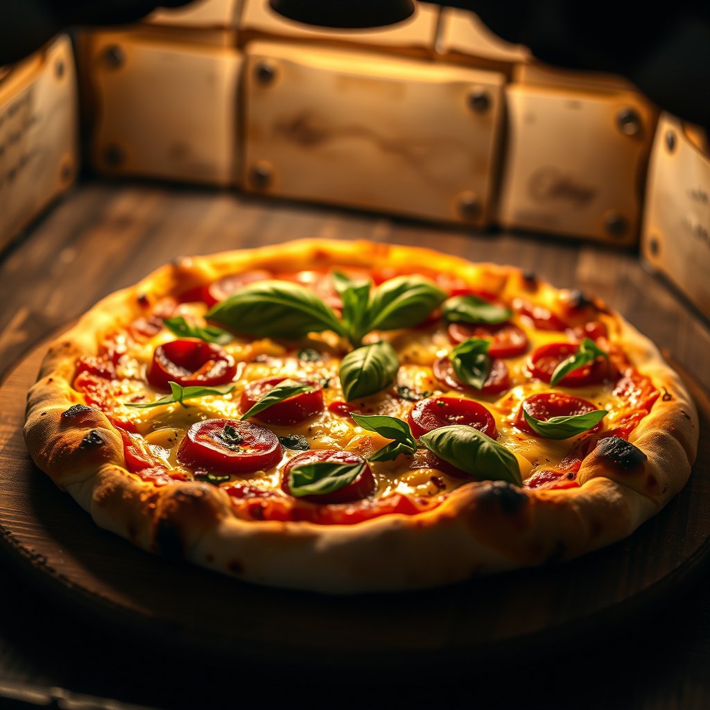 a rustic pizza fresh out of the oven with basil, ultra realistic, crisp details, studio quality