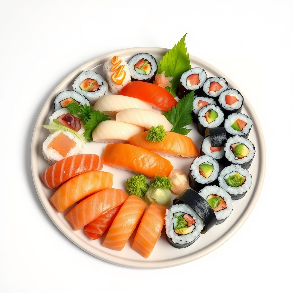 a sushi platter with assorted nigiri and rolls, minimalist composition, clean background, elegant