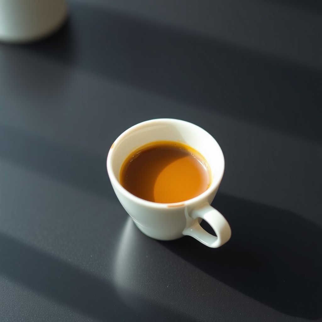 espresso shot in a small cup, dark table, food photography, bright and airy, pastel tones, dreamy aesthetic