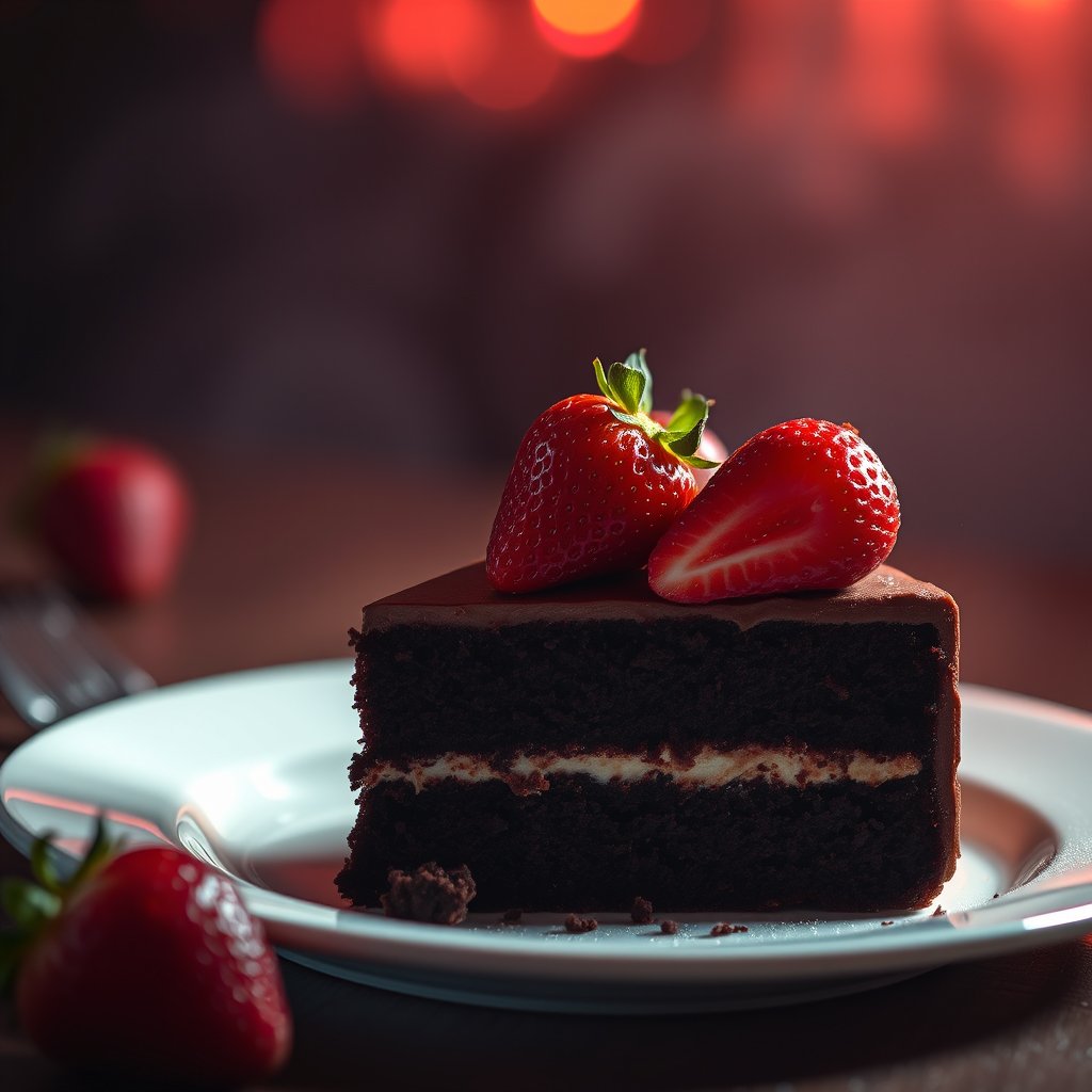 a slice of chocolate cake with strawberries, cinematic lighting, vibrant colors, dramatic atmosphere