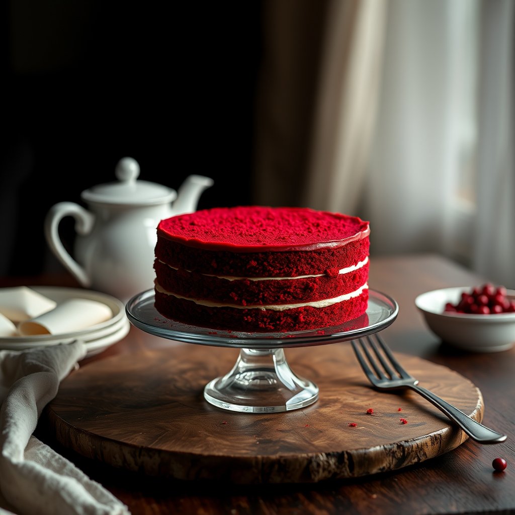 Red velvet cake on a table with a stand cute, moody lighting, high contrast, fine art photography