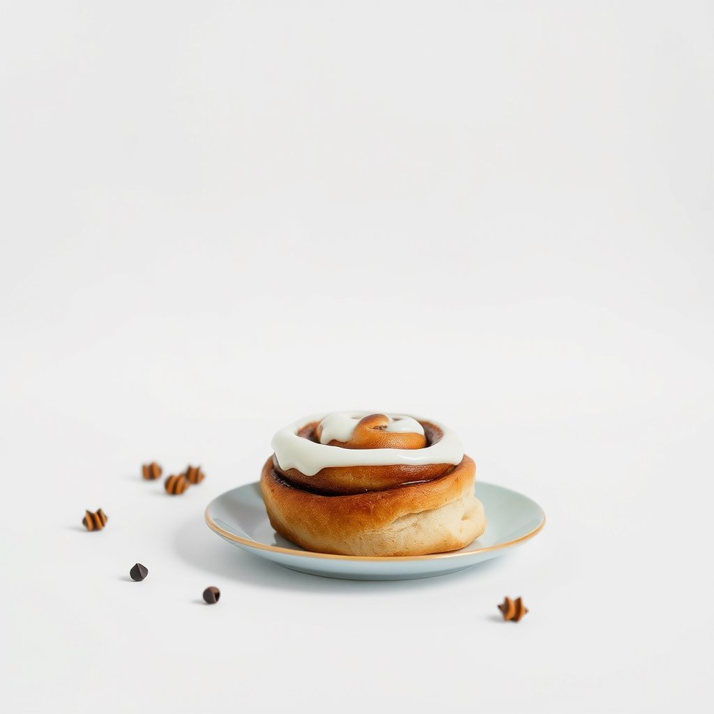 cinnamon roll bun, food photography, minimalist composition, clean background, elegant
