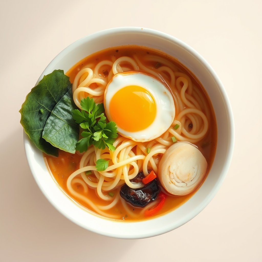 a bowl of ramen with egg, noodles and vegetables, bright and airy, pastel tones, dreamy aesthetic