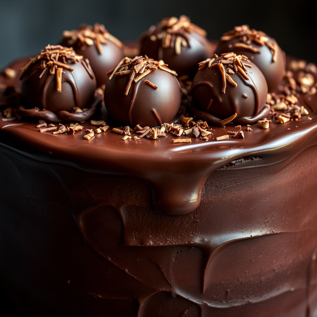 A delicious chocolate truffle cake, covered completely in rich dark chocolate ganache, smooth glossy chocolate frosting, decorated with elegant chocolate truffle balls and fine chocolate shavings on top, luxurious and sophisticated bakery presentation, realistic food photography, close-up, soft natural lighting, dark chocolate tones, highly appetizing., cinematic lighting, vibrant colors, dramatic atmosphere