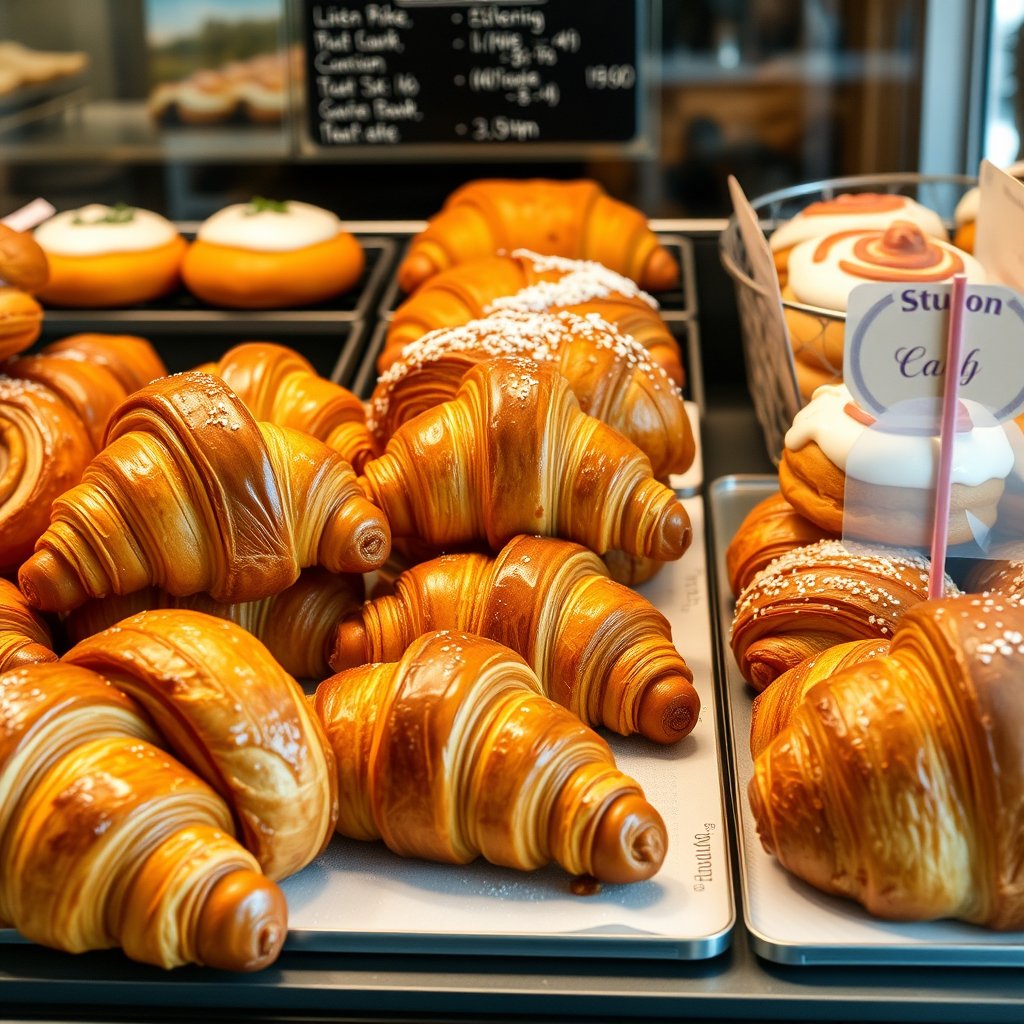 fresh croissants and pastries in a bakery display, ultra realistic, crisp details, studio quality