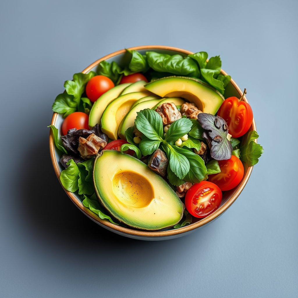 a colorful fresh salad bowl with avocado and tomatoes, minimalist composition, clean background, elegant