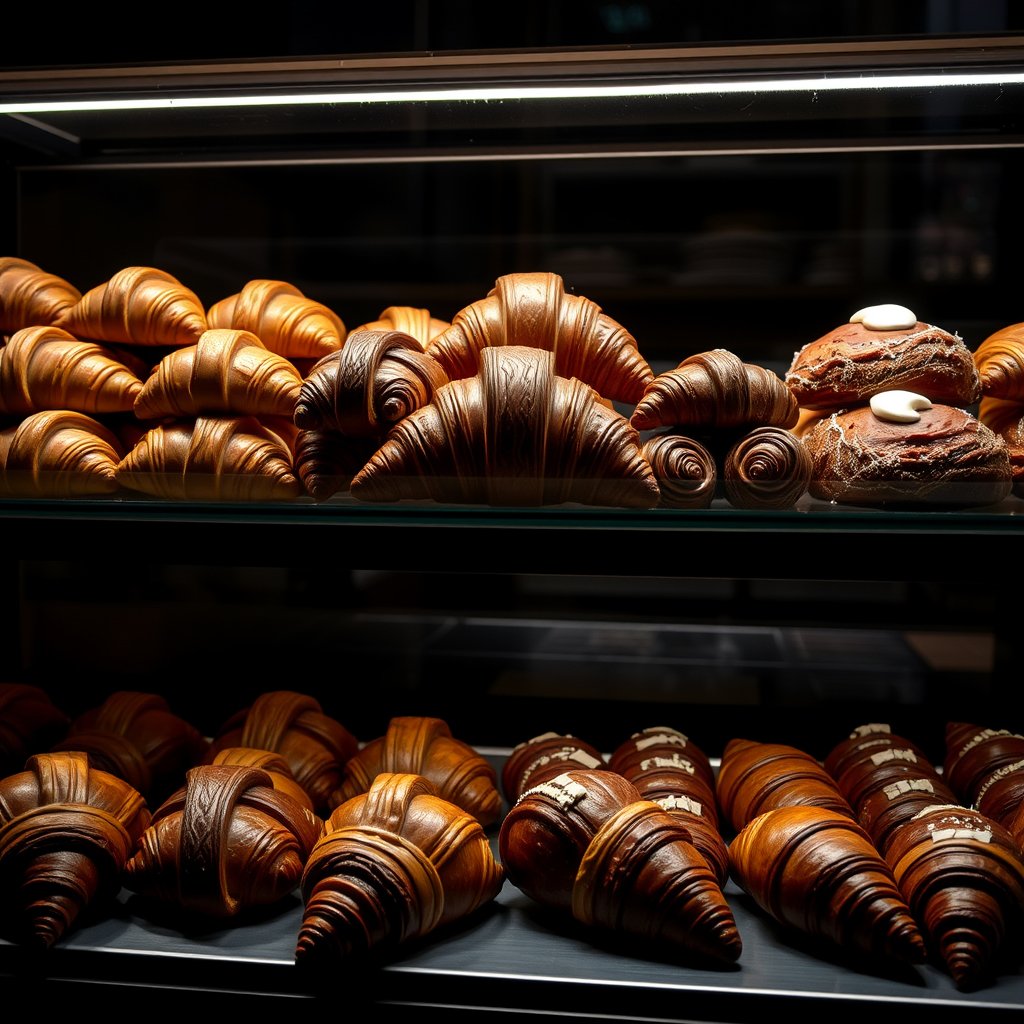fresh croissants and pastries in a bakery display, moody lighting, high contrast, fine art photography