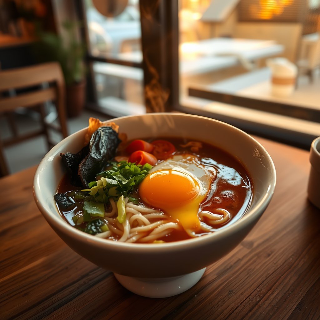 a bowl of ramen with egg, noodles and vegetables, golden hour lighting, warm tones, atmospheric