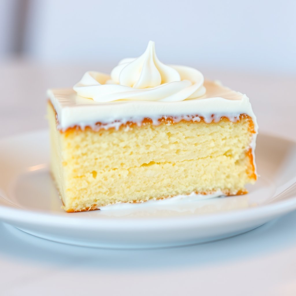 A traditional Latin American tres leches cake, a rectangular slice of very moist sponge cake soaked in three milks, topped with a thick layer of white whipped cream, creamy milk-soaked texture visible on the sides, simple elegant decoration, no chocolate, no fruit, served on a white bakery plate, professional pastry shop photography, soft natural lighting, appetizing and realistic., soft natural light, shallow depth of field, bokeh