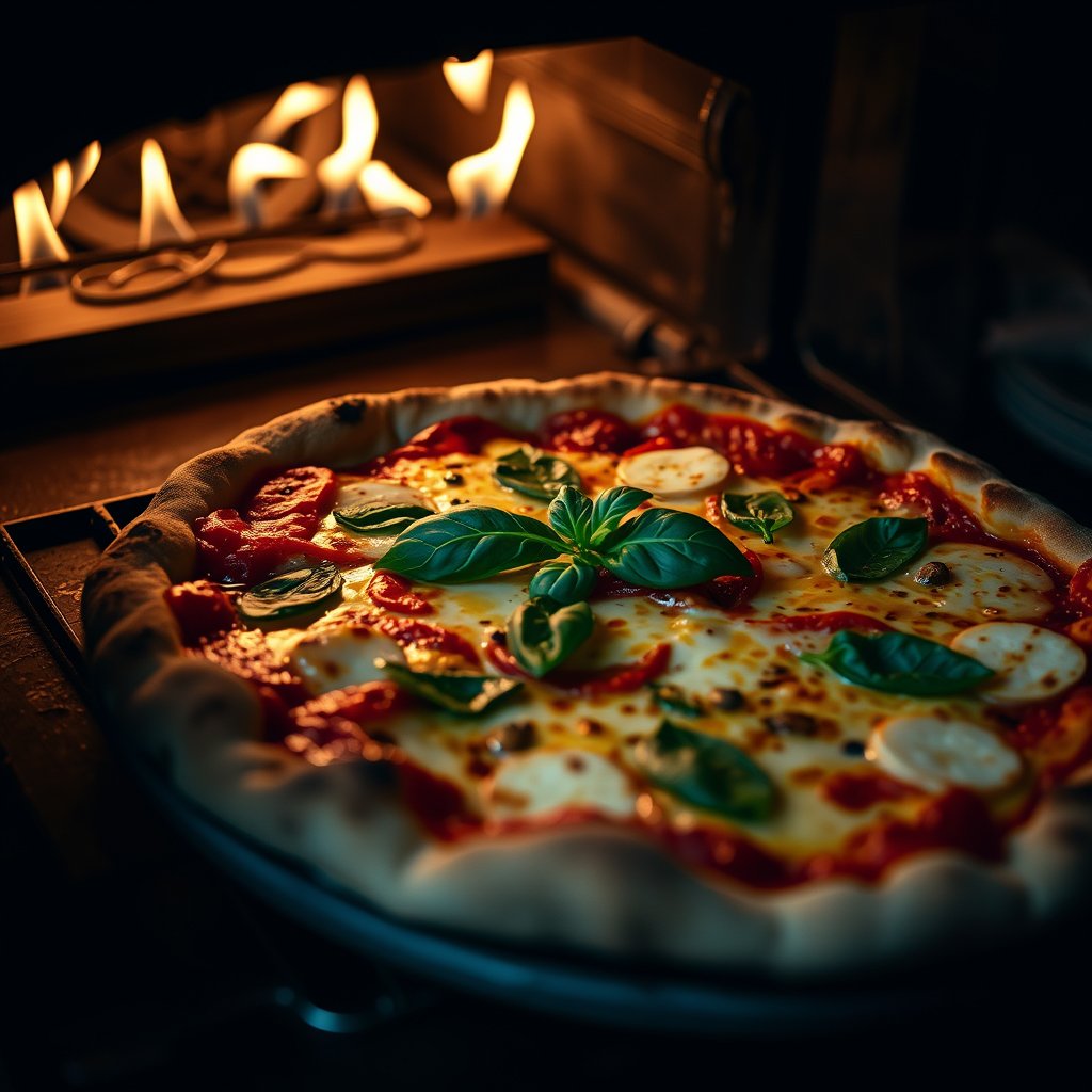 a rustic pizza fresh out of the oven with basil, moody lighting, high contrast, fine art photography