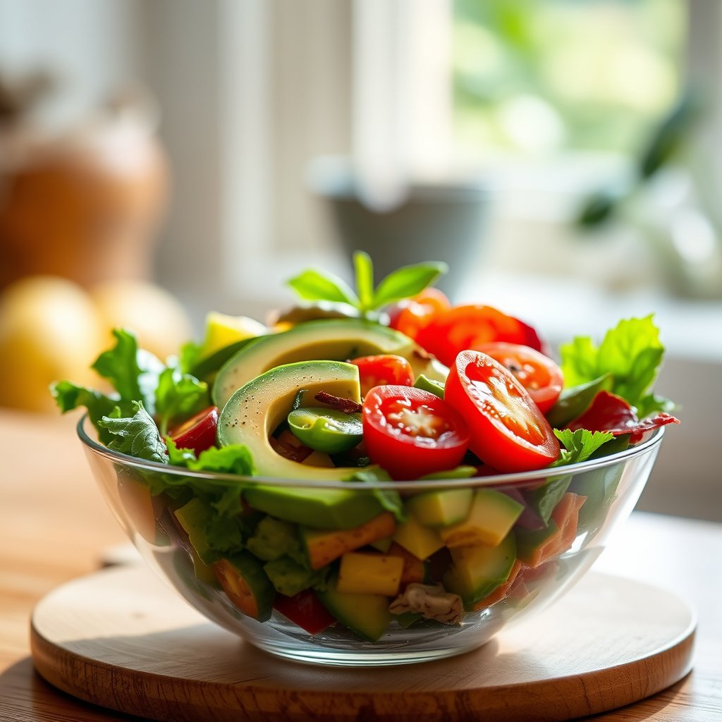 a colorful fresh salad bowl with avocado and tomatoes, soft natural light, shallow depth of field, bokeh