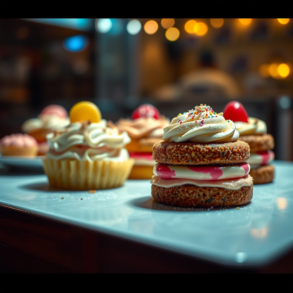 pastry, cakes, cookies, cinematic lighting, vibrant colors, dramatic atmosphere