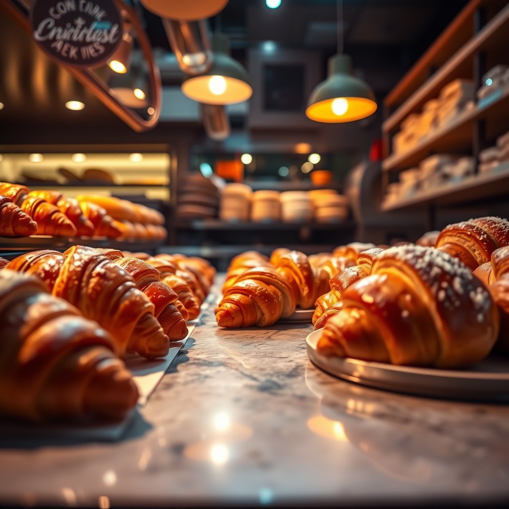 fresh croissants and pastries in a bakery display, cinematic lighting, vibrant colors, dramatic atmosphere