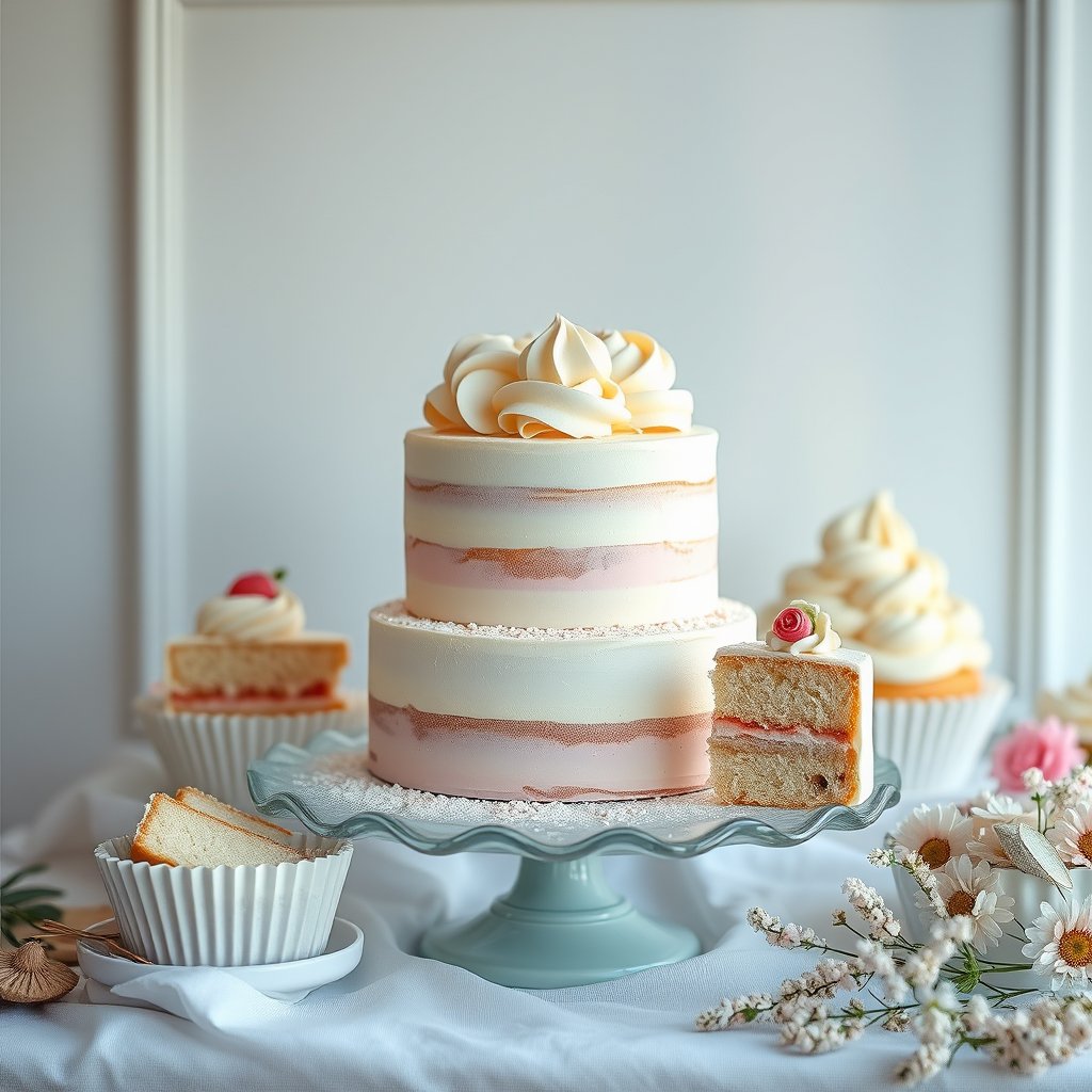 Bakery, Cakes, 16:9 aspect ratio strictly, bright and airy, pastel tones, dreamy aesthetic