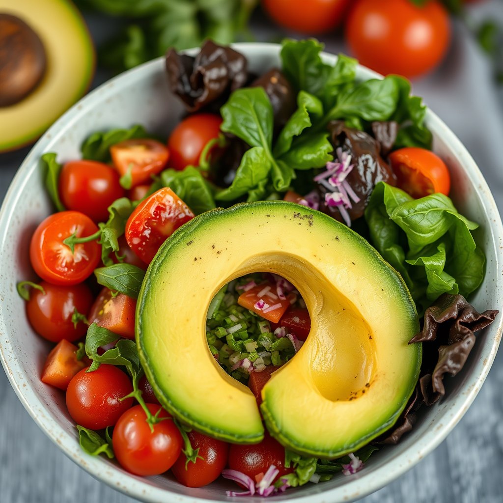 a colorful fresh salad bowl with avocado and tomatoes, highly detailed, 8k, professional photography, sharp focus