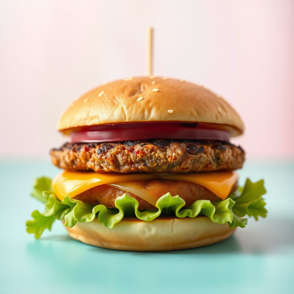 food burger sandwich meat patty, bright and airy, pastel tones, dreamy aesthetic