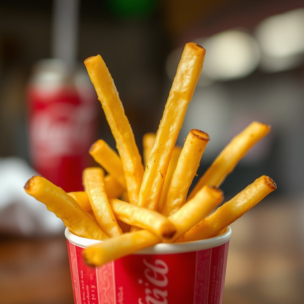 french fries in a paper cup, food photography, highly detailed, 8k, professional photography, sharp focus