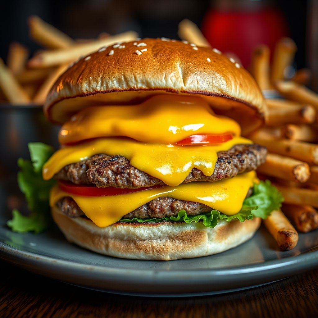 juicy burger with fries, food photography, warm light — Картофель фри с трюфелем, ultra realistic, crisp details, studio quality